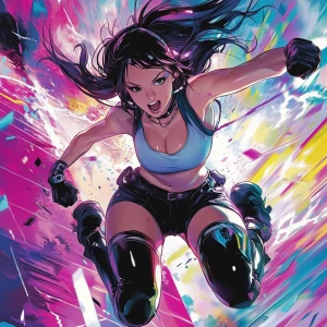 Create an anime-style music album cover featuring a dynamic, ene...