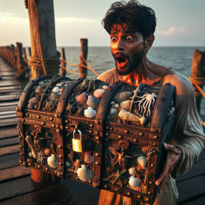 A male fisherman caught a locked chest covered with shells