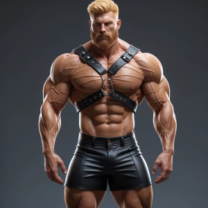 Joe bodybuilder blonde hair and beard wearing a black leather sh...