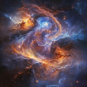 A mesmerizing cosmic dance unfolds in a bioluminescent shadowy s...