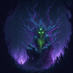 In a hazy, psychedelic forest, a sinister Santa figure sits atop...