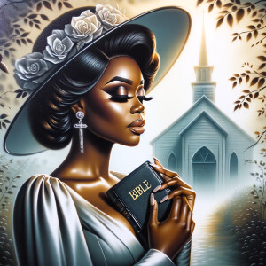 Render an airbrush oil painting of an African American woman with flawless makeup in a
contemplative pose, holding a Bible close to her heart, dressed in an elegant Sunday Best
outfit with a distinctive Church Hat. The background features a peaceful church garden,
with light filtering through the trees, highlighting her spiritual connection and the personal
moment of reflection. The artwork should capture the tranquility of the scene, the beauty
of her attire, and the depth of her contemplation, reflecting a serene and spiritually