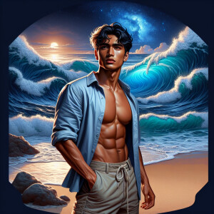 3D image of a beautiful night at the beach. There are glowing li...