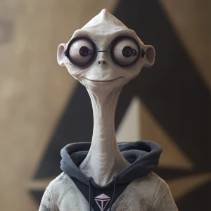 a thin, nerdy humanoid figure with elongated face and neck, larg...