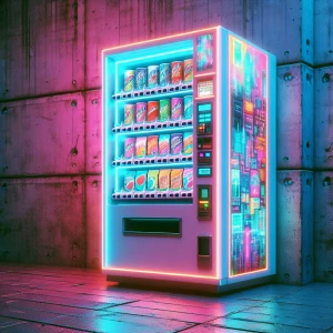 A compact vending machine covered in bright holographic advertisements, standing against a concrete wall.