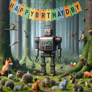 photorealistic image. rusty robot in a forest surrounded by his...