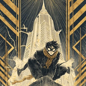 Create an image in manga-style depicting a noir detective crouch...