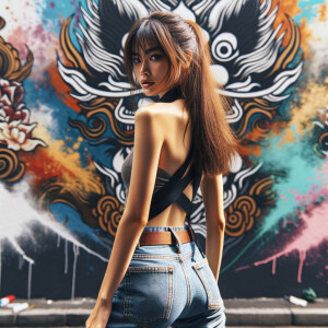 Attractive, Asian teenage girl, long brown hair and bangs, wearing tight skinny jeans and a halter top paint marks on her clothing, backside view heroic pose Asian graffiti