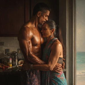 Hyperrealism.a muscular sweaty indian man standing behind and...