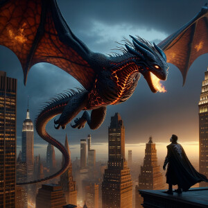A dragon flying over Boston with Batman close behind