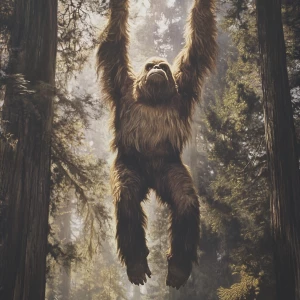 A large manical humanoid looking hair covered sasquatch reaches...