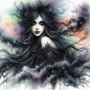 Amidst an ethereal haze of swirling colors, a macabre figure cla...