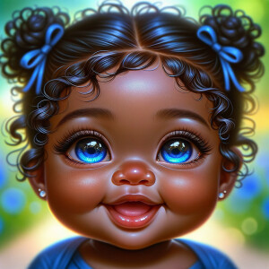 ultra realistic Chibi Style oil painting of Med olive skin  cute African-American American baby girl with deep deep dimples on both checks smiling huge, blue eyes, wearing a blue onesie two curly black pigtails with blue
 ribbons. crystal blue eyes. up-close view bokeh background

S/O Genae Kulah