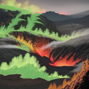 A red wyvern creating the ridge of a volcano. The volcano is spewing green lava and the wyvern is spitting green flames. The sky is brown and gray with smoke and ash, though green light is shining through.