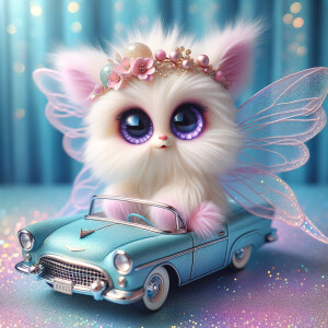 Imagine a whimsical, fluffy creature with large, sparkling purpl...