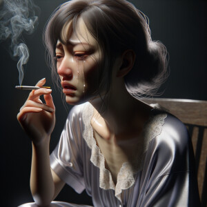 Crying woman in a nightgown siting on her chair smoking a cigarette .