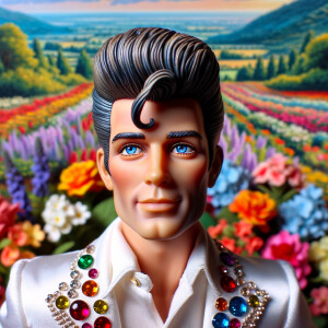 Elvis Presley doll with huge blue eyes flowers in the background