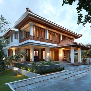Kerala traditional two floor long house with modern architecture