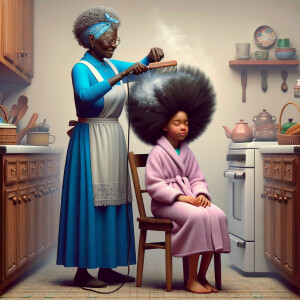 Create a realistic 3-D image of an african-American grandmother wearing a blue house dress and a white apron . She is in the kitchen with her african-American granddaughter. Her granddaughter is wearing a pink bath robe. The grandmother has a hot comb in her hand and she is straightening her granddaughters hair. One side of her granddaughters hair is in  a Afro the other straight 
There is smoke coming from the hot comb
The granddaughter is making a face