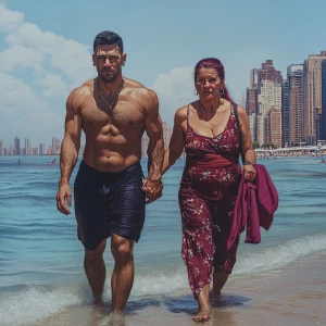 Photo-realism,fantasy.a muscular sweaty man walking  with his 50...