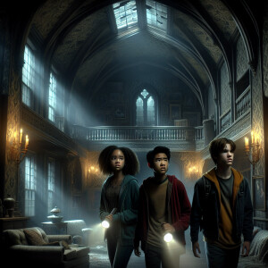 Three teenagers are in a dark scary mansion.