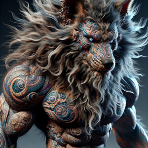 A Man-Wolf Hybrid with huge muscles and wearing Tribal Tattoos 3...