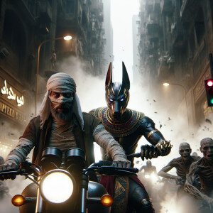 Hyper-realistic image, wide angle, Anubis and a mummy, with angr...