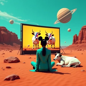 Surreal absurdist scene on Mars, fixed composition. Warm red san...