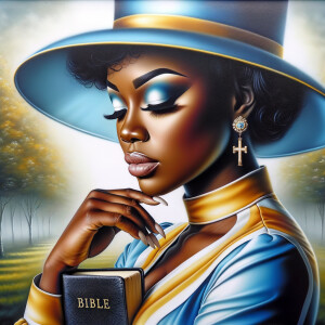 An airbrush oil painting depicts an African American woman with...