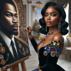 In a high-class, elegantly decorated studio, a very light-skinne...