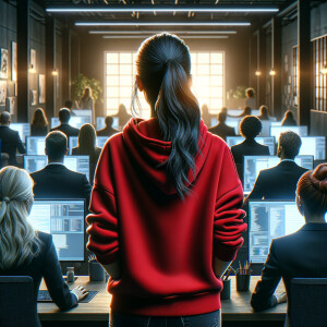 Backside profile of a young woman wearing red hodie, surrounded by peoples with black suits who work in front of computer screens