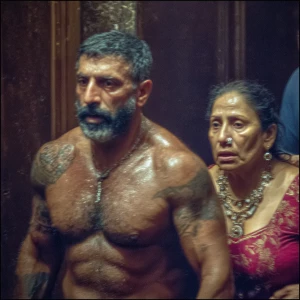realism photo painting,A sweaty beefy kashmiri man walking with...