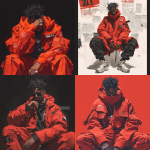"The rapper 21 savage face and wearing stylish red outfit sitti...