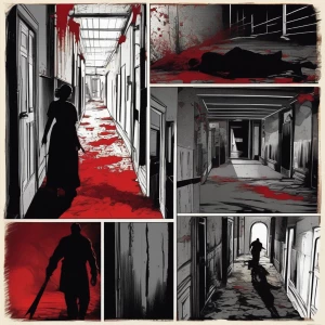 “Desolate asylum hallway, walls pulsing like flesh, a headless n...