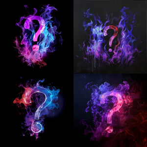 Black background Purple and blue flames with a red question mark...