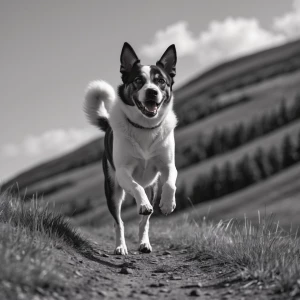 Dog Alaska blanco running up of the hill