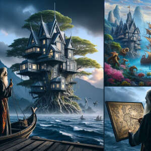 A gray-haired fisherman holds an old map in his hands and sails...