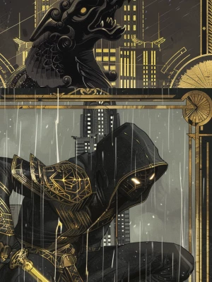 A crouched manga-style hero perches dynamically on a rain-slick...