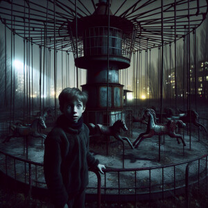 Evening. An abandoned rusty playground. The boy is standing near...