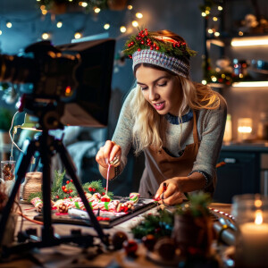 Photorealistic image. Woman making YouTube video of herself, mak...
