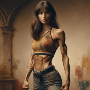 Athletic Thin skinny Attractive, Asian teenage girl, long brown hair and bangs, wearing tight skinny jeans and a halter top paint marks on her clothing, heroic pose Asian graffiti background, side view