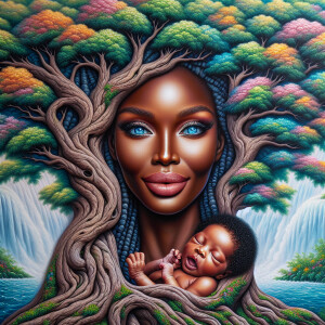Create a close-up, hyper-realistic 3-D oil painting of a tree wi...