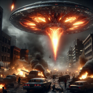 A fiery UFO wreaking havoc upon a bustling city, the scene is ab...