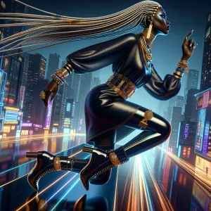 A hyper-realistic image led lights of an Afrocentric queen in a...