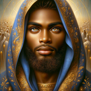 Create a beautiful African-American Jesus Christ with Hazel, brown eyes and blue and gold robe