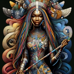 Mythweaver A Nigerian Queen stands tall, her long hair a wild ta...