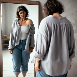 A woman frustrated at her fat body and looking into mirror