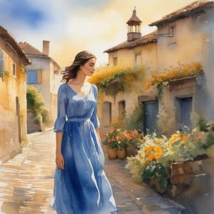 A young woman wearing a finely detailed blue dress, walking along a cobblestone path in a quiet village. Her dress flows gracefully as she moves, and the scene is illuminated by the golden hues of a setting sun, casting long shadows across the quaint, flower-filled square