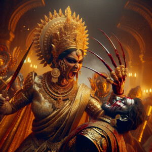 portrait of angry looking goddess durga  carrying a weak mahishasur in her arms and stabbing him with her amazingly long red fingernails. She is wearing gold armor, a huge gold crown, gold saree, abundant  gold jewelry, covered in blood. The scene is set in ancient India. The image is 8K resolution, cinematic, ultra detailed face and epic.