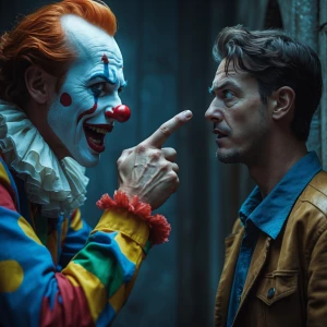 Man wearing clown makeup has his back turned, his face wrinkled...